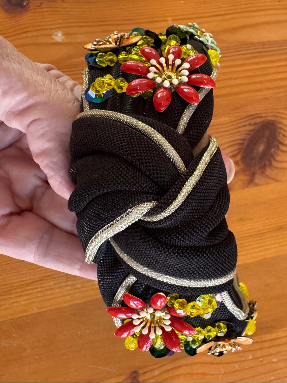 Black Headband with Yellow Beads and Multicolor Flower Appliqués